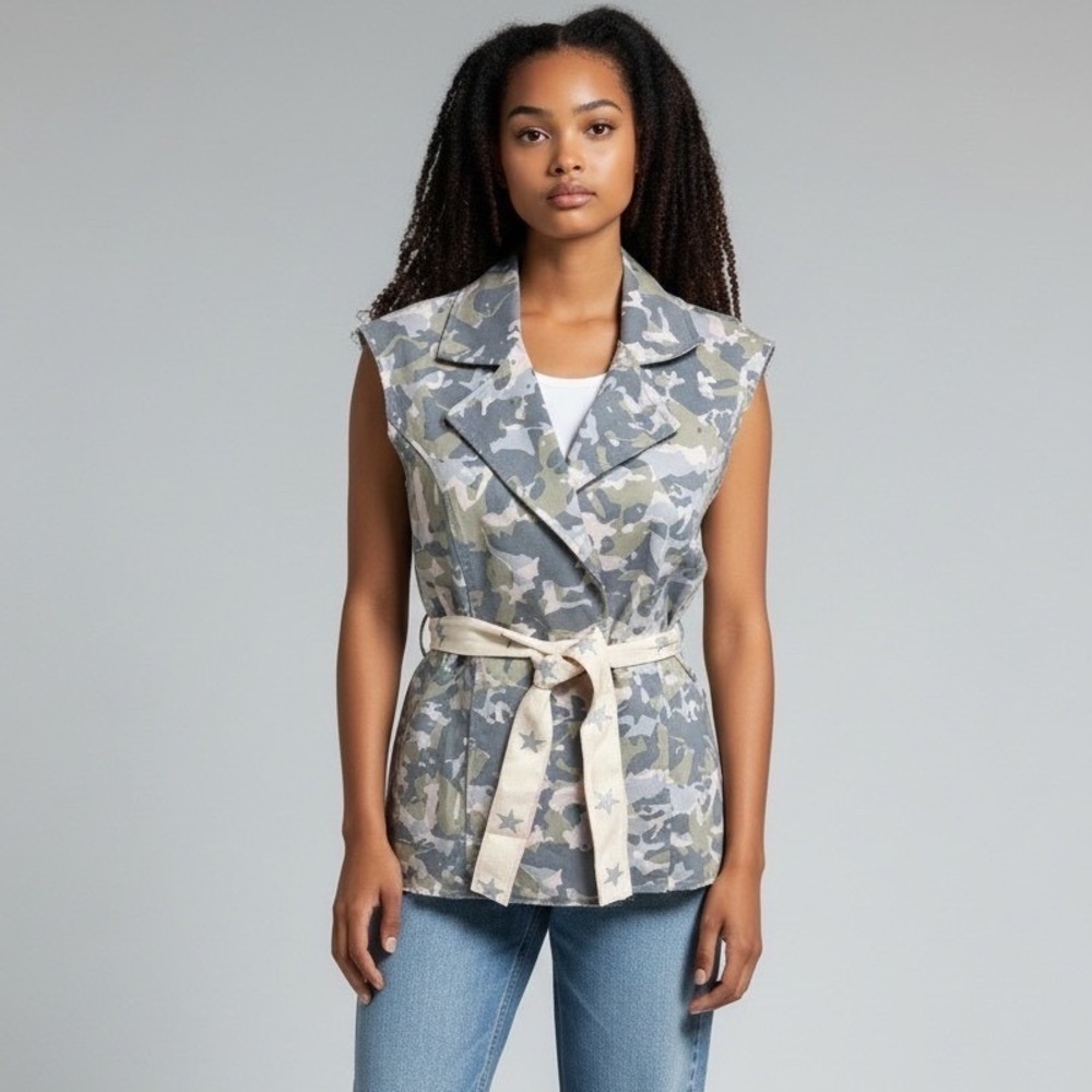 New NWT Paolo‎ Casalini Sleeveless Belted Wrap Top / Vest Camouflage Print - M